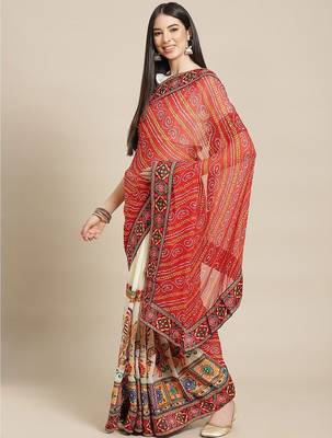 Embroidered Pure Georgette Half and Half Bandhani Saree 1