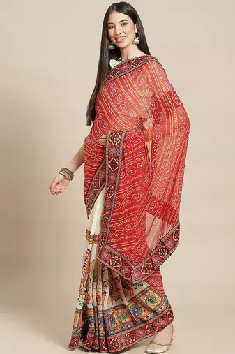 Embroidered Pure Georgette Half and Half Bandhani Saree