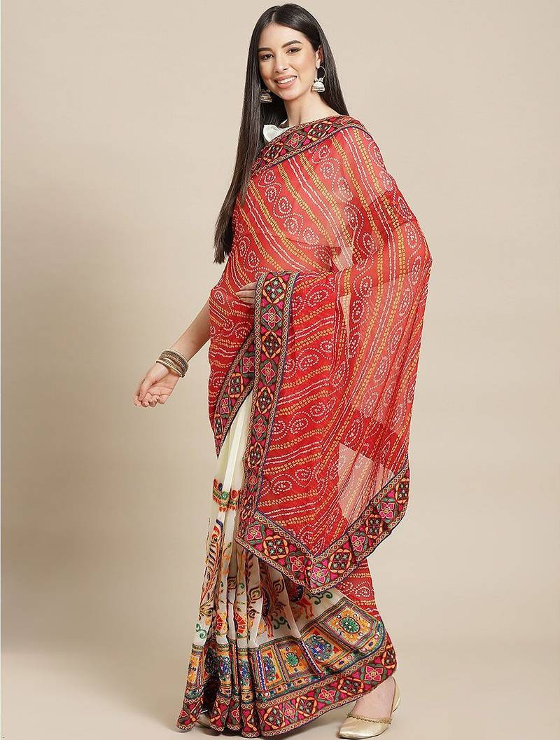 Embroidered Pure Georgette Half and Half Bandhani Saree