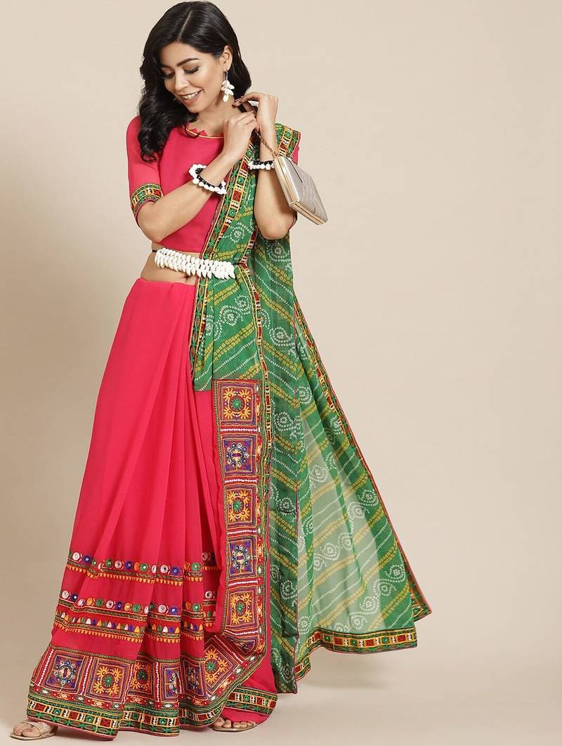 Embroidered Pure Georgette Half and Half Bandhani Saree