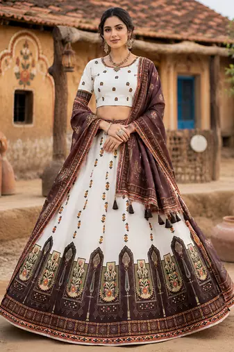 Navratri Ajrakh Print Rayon Lehenga Choli & Blouse With Dupatta
