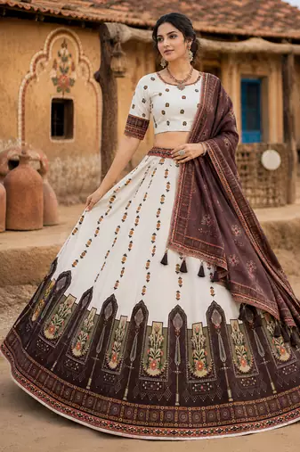 Navratri Ajrakh Print Rayon Lehenga Choli & Blouse With Dupatta