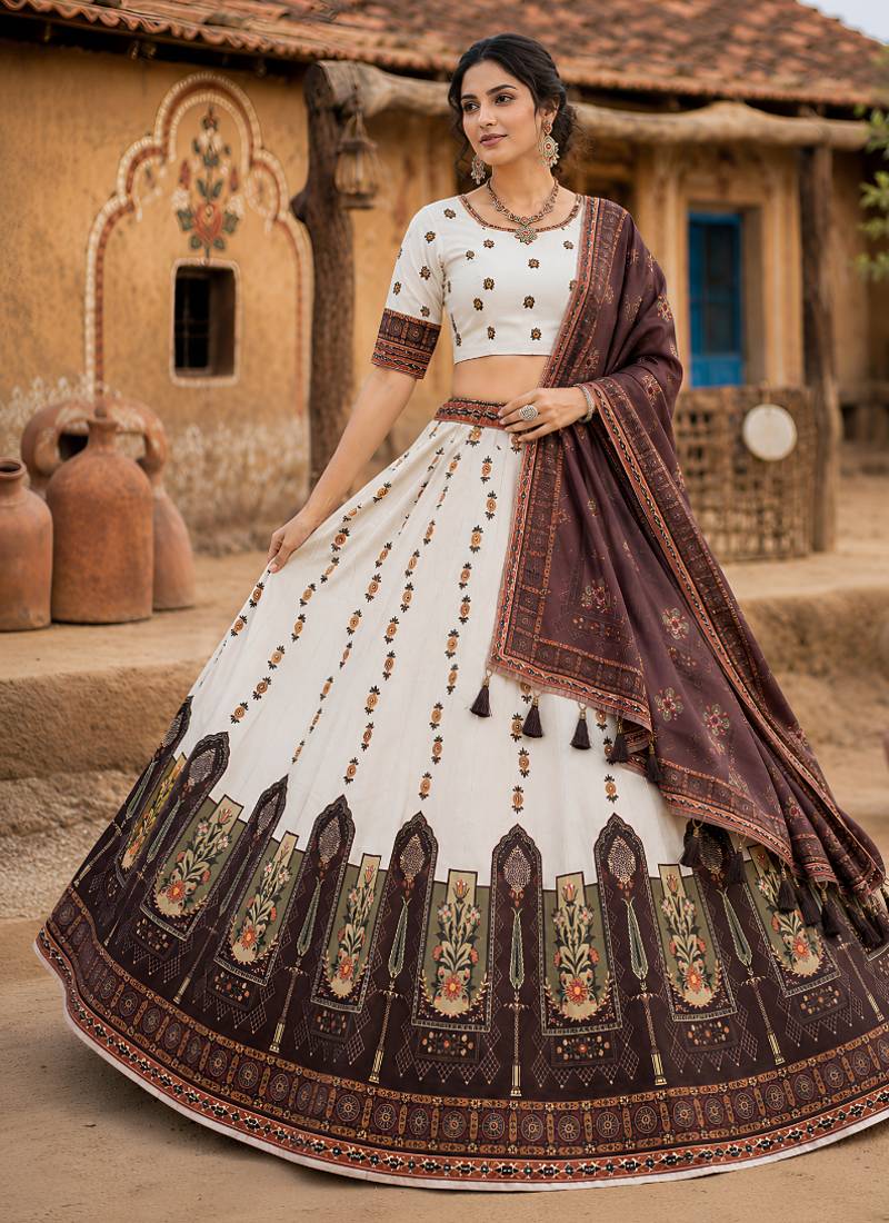 Navratri Ajrakh Print Rayon Lehenga Choli & Blouse With Dupatta