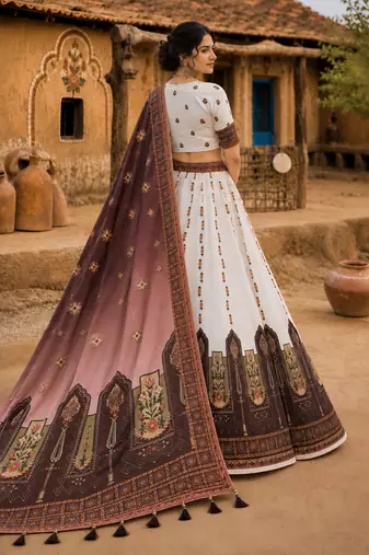 Navratri Ajrakh Print Rayon Lehenga Choli & Blouse With Dupatta