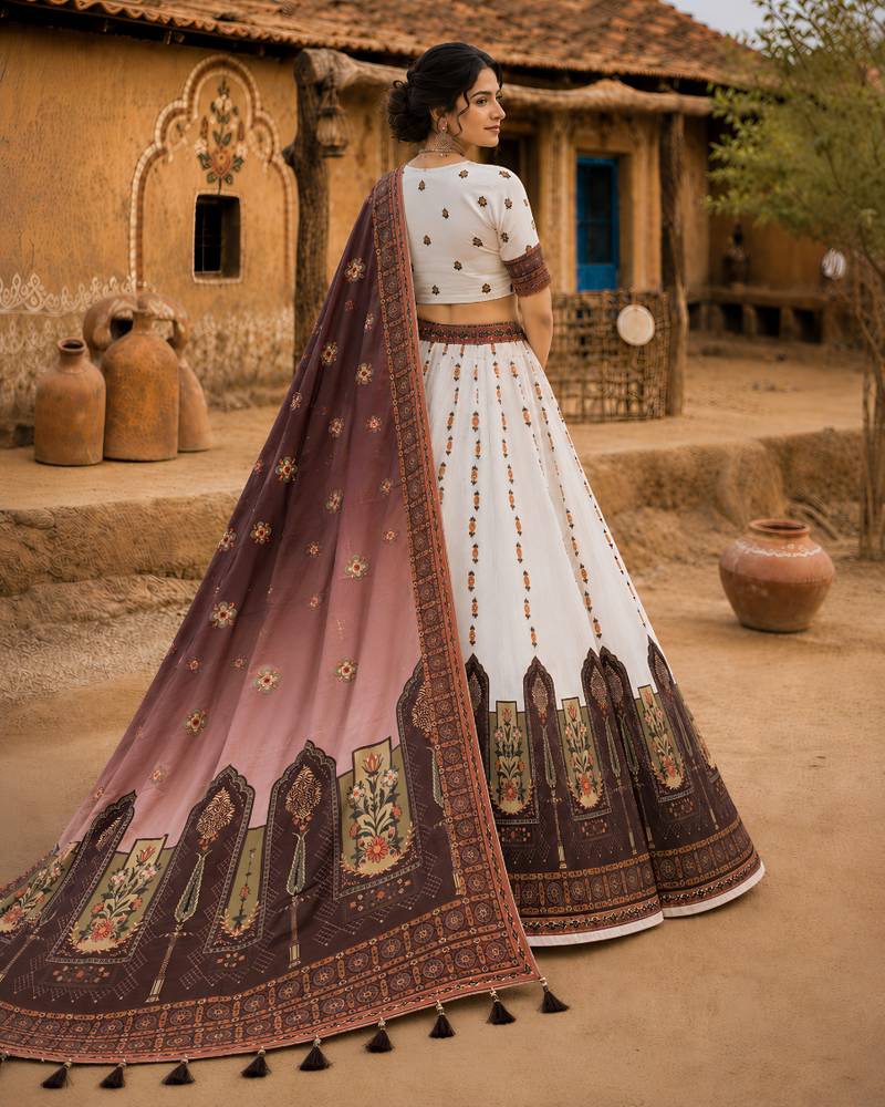 Navratri Ajrakh Print Rayon Lehenga Choli & Blouse With Dupatta