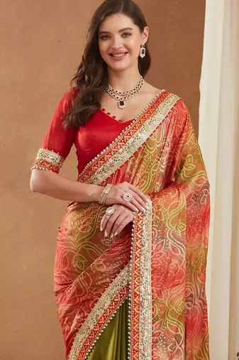 Bandhani Gotta Patti Poly Chiffon Designer Bandhani Saree