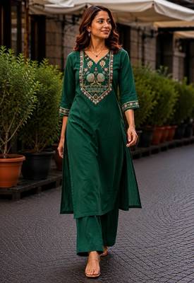Cotton blend bottle green embroidered kurta with pant set for women 1