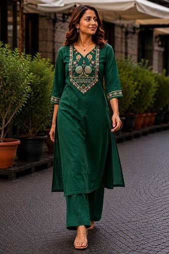Cotton blend bottle green embroidered kurta with pant set for women