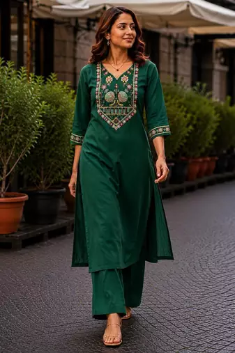 Cotton blend bottle green embroidered kurta with pant set for women