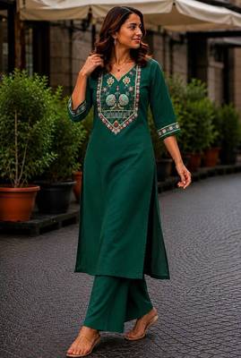 Cotton blend bottle green embroidered kurta with pant set for women 2