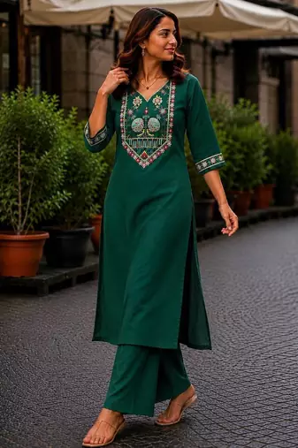Cotton blend bottle green embroidered kurta with pant set for women