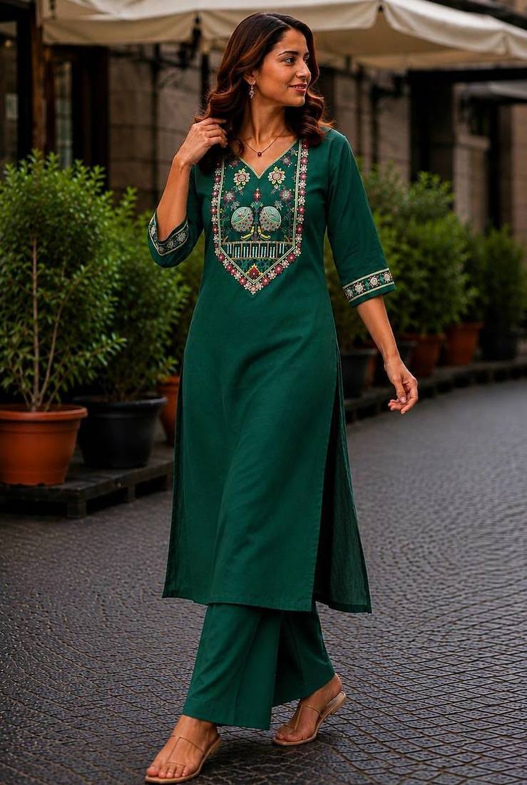 Cotton blend bottle green embroidered kurta with pant set for women
