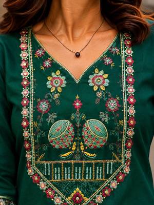 Cotton blend bottle green embroidered kurta with pant set for women 3