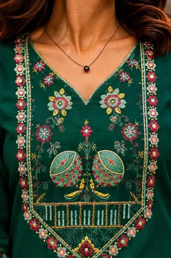 Cotton blend bottle green embroidered kurta with pant set for women
