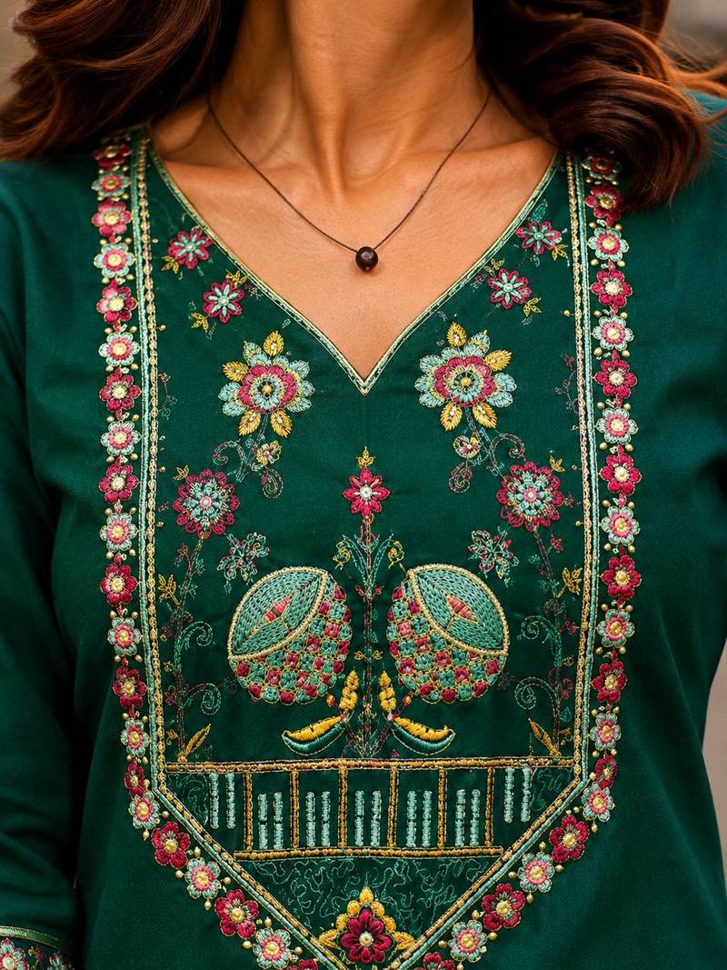 Cotton blend bottle green embroidered kurta with pant set for women