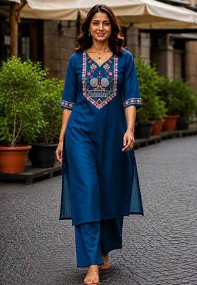 Cotton blend blue embroidered kurta with pant set for women 1