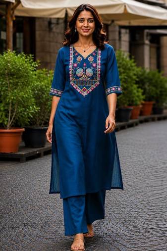 Cotton blend blue embroidered kurta with pant set for women