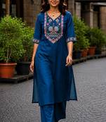 Cotton blend blue embroidered kurta with pant set for women