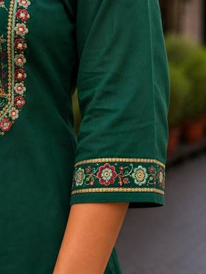 Cotton blend bottle green embroidered kurta with pant set for women 4