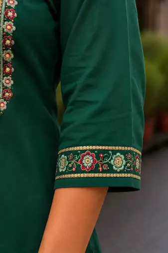 Cotton blend bottle green embroidered kurta with pant set for women
