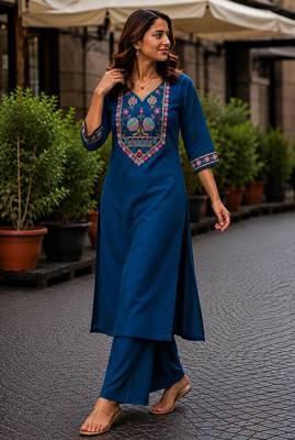 Cotton blend blue embroidered kurta with pant set for women 2