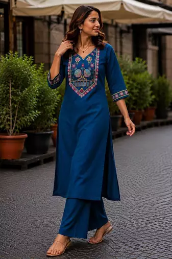 Cotton blend blue embroidered kurta with pant set for women