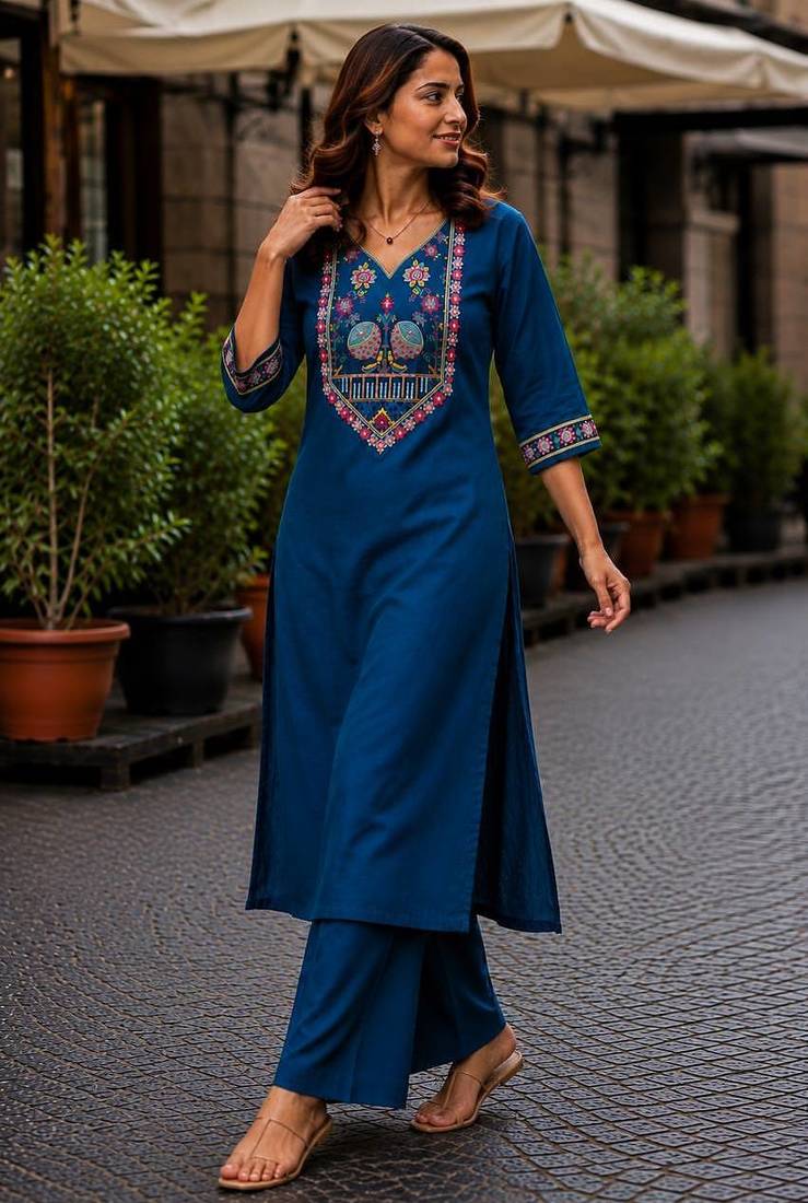 Cotton blend blue embroidered kurta with pant set for women