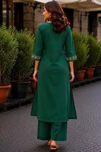 Cotton blend bottle green embroidered kurta with pant set for women