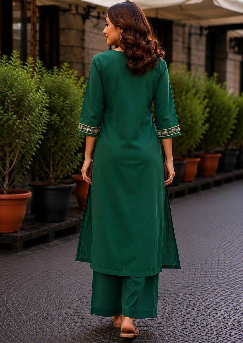 Cotton blend bottle green embroidered kurta with pant set for women