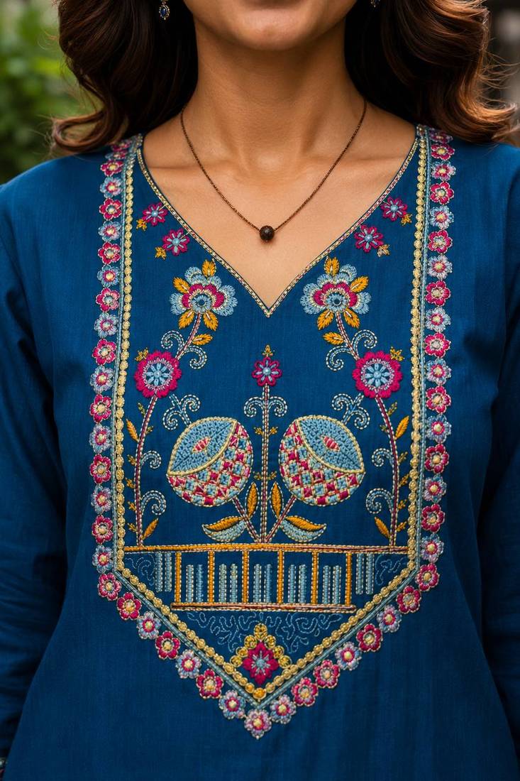 Cotton blend blue embroidered kurta with pant set for women