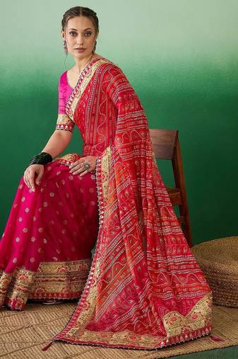 Bandhani Sequinned Pure Chiffon Half and Half Bandhani Saree