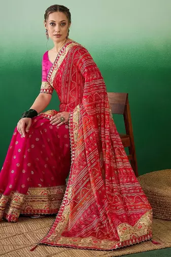Bandhani Sequinned Pure Chiffon Half and Half Bandhani Saree