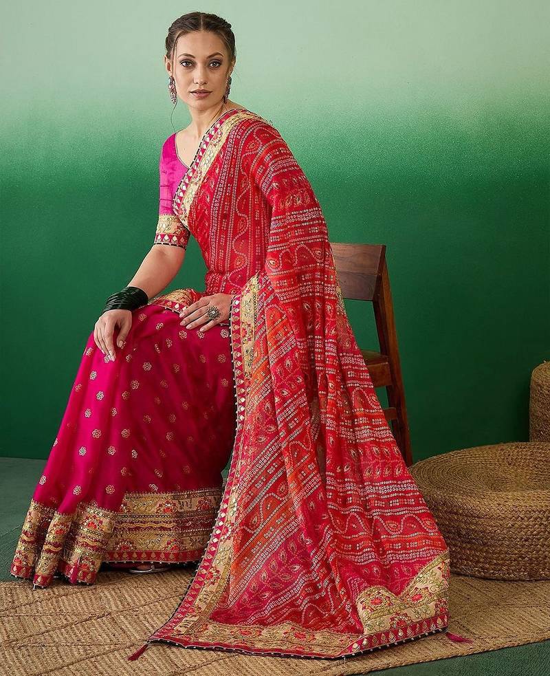 Bandhani Sequinned Pure Chiffon Half and Half Bandhani Saree