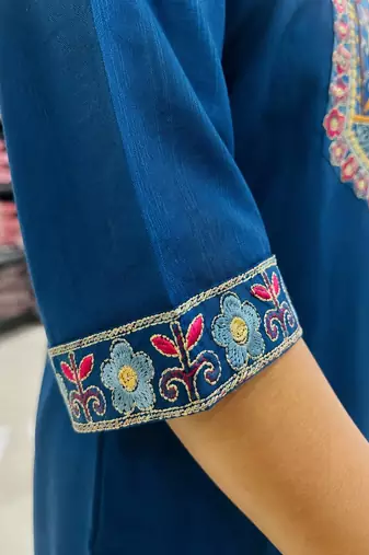 Cotton blend blue embroidered kurta with pant set for women