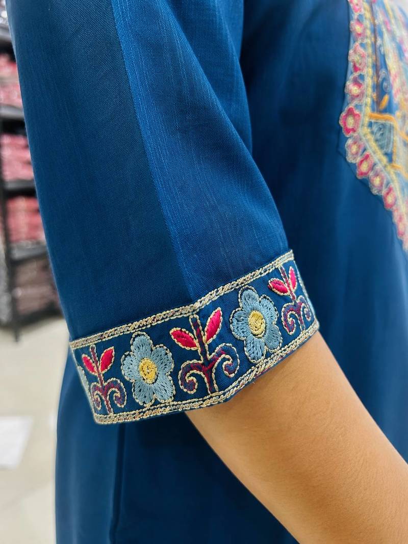 Cotton blend blue embroidered kurta with pant set for women