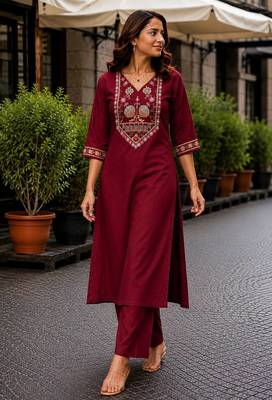 Cotton blend maroon embroidered kurta with pant set for women 1