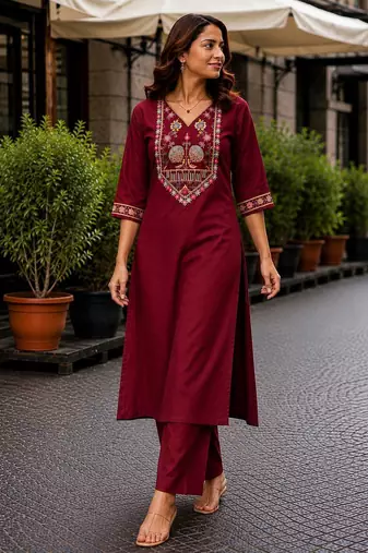 Cotton blend maroon embroidered kurta with pant set for women