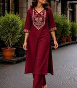 Cotton blend maroon embroidered kurta with pant set for women