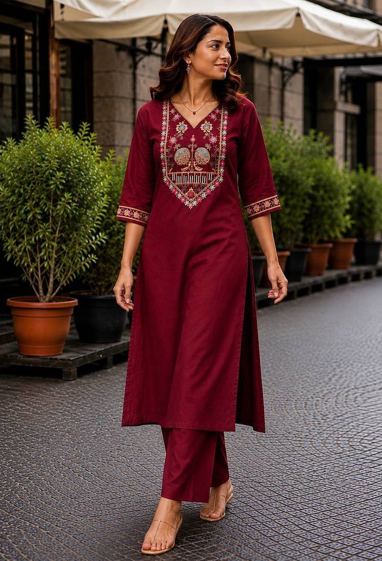 Cotton blend maroon embroidered kurta with pant set for women