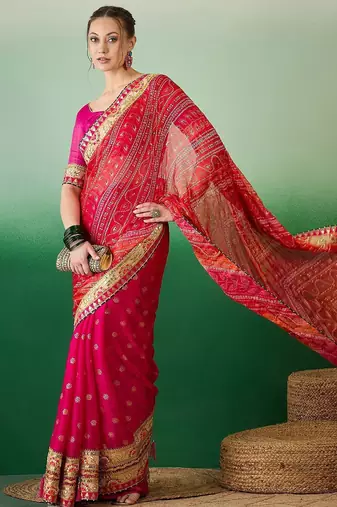 Bandhani Sequinned Pure Chiffon Half and Half Bandhani Saree