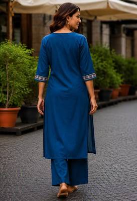 Cotton blend blue embroidered kurta with pant set for women 5