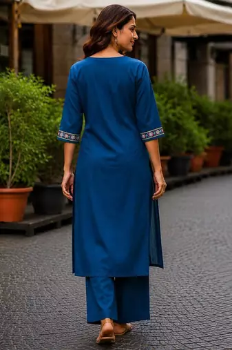 Cotton blend blue embroidered kurta with pant set for women