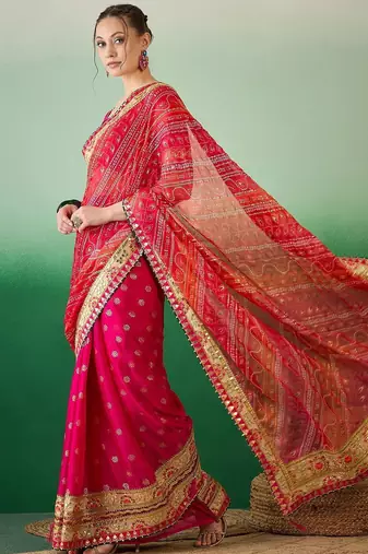 Bandhani Sequinned Pure Chiffon Half and Half Bandhani Saree