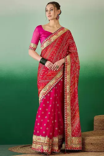 Bandhani Sequinned Pure Chiffon Half and Half Bandhani Saree