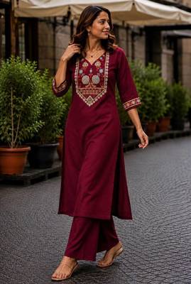 Cotton blend maroon embroidered kurta with pant set for women 2