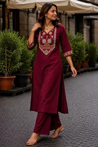 Cotton blend maroon embroidered kurta with pant set for women