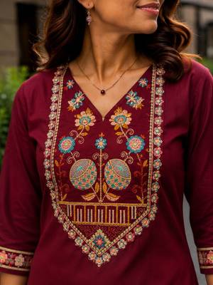 Cotton blend maroon embroidered kurta with pant set for women 3