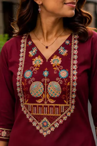 Cotton blend maroon embroidered kurta with pant set for women