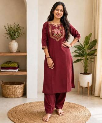 Cotton blend maroon embroidered kurta with pant set for women 1