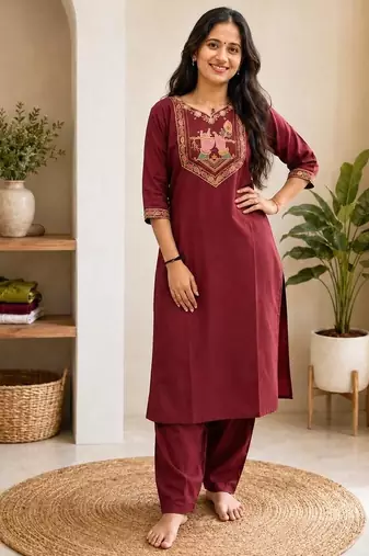 Cotton blend maroon embroidered kurta with pant set for women